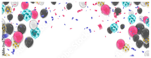 Merry Christmas and Happy New Year background with balloons and confetti. Vector illustration.