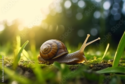 Big snail crowls to the grass with drops of dew in the summer forest. Closeup of a garden snail in shell crowling on the dirt road to the grass in sunlight
