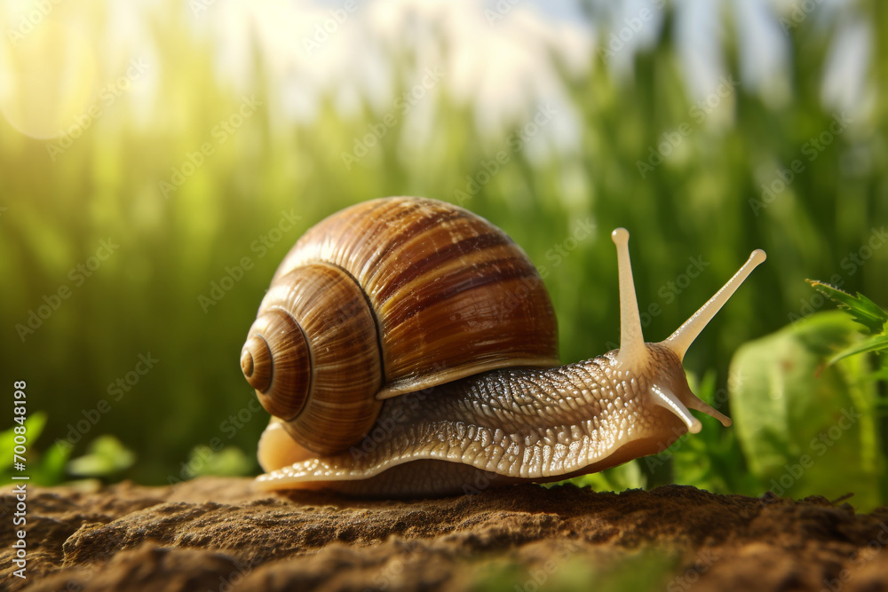 Big snail crowls to the grass with drops of dew in the summer forest. Closeup of a garden snail in shell crowling on the dirt road to the grass in sunlight Big snail crowls to the grass with drops of dew in the summer forest. Closeup of a garden snail in shell crowling on the dirt road to the grass in sunlight