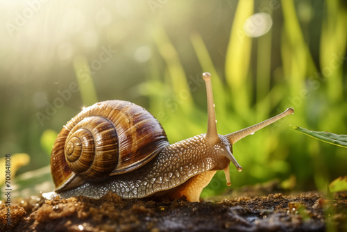 Big snail crowls to the grass with drops of dew in the summer forest. Closeup of a garden snail in shell crowling on the dirt road to the grass in sunlight © Robin