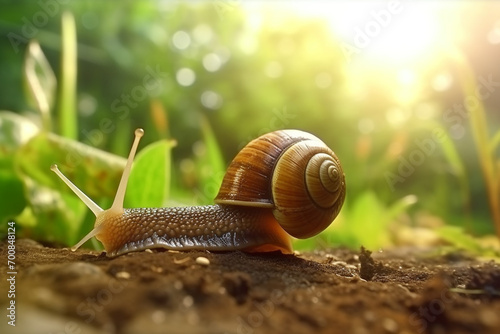 Big snail crowls to the grass with drops of dew in the summer forest. Closeup of a garden snail in shell crowling on the dirt road to the grass in sunlight photo