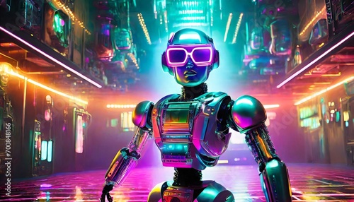 um robô futurista estiloso com óculos escuros dançanado em uma discoteca dos anos 80  photo