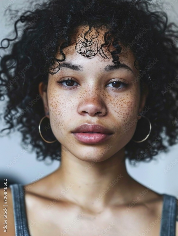 A woman with freckles on her face. Generative AI.