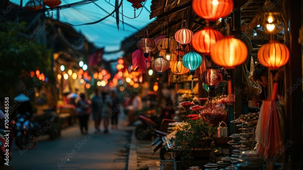 A bustling night bazaar with colorful lanterns, street performers, and eclectic shops