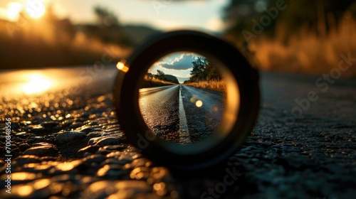 A magnifying glass is on the road. Generative AI. photo