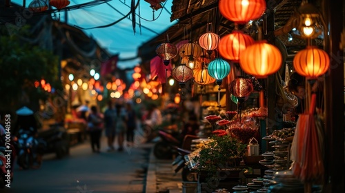 A bustling night bazaar with colorful lanterns  street performers  and eclectic shops