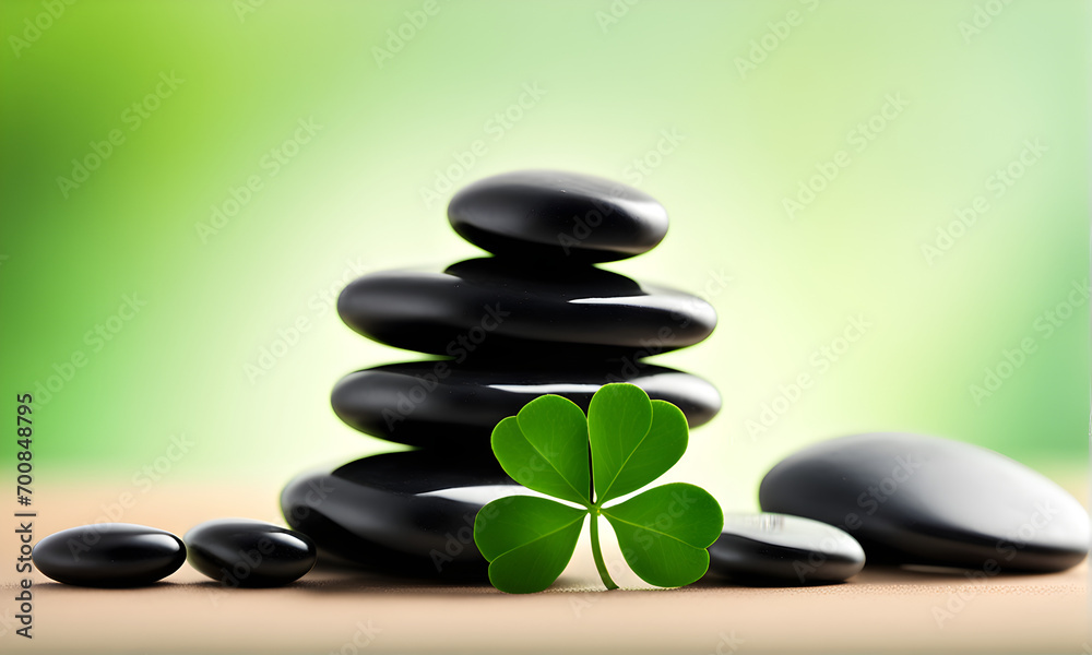 Lucky Meditation, Stack of Spa Stones with a Four Leaf Clover, St Patrick's Day Self Care and Sobriety Lucky Meditation, Stack of Spa Stones with a Four Leaf Clover, St Patrick's Day Self Care and Sobriety