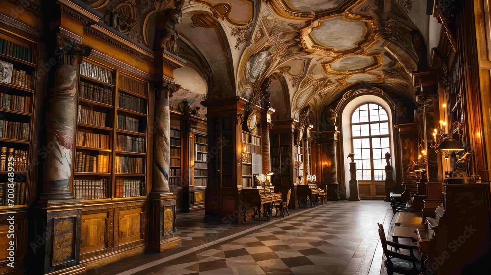 A grand library with towering bookshelves and an ornate ceiling