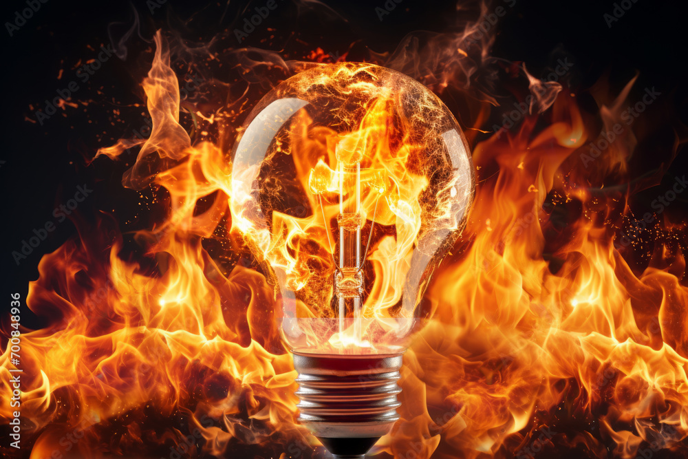 The light bulb is surrounded by flame and shines. Tips for sparking and igniting innovative ideas. Concept for energy. The light bulb is surrounded by flame and shines. Tips for sparking and igniting innovative ideas. Concept for energy.