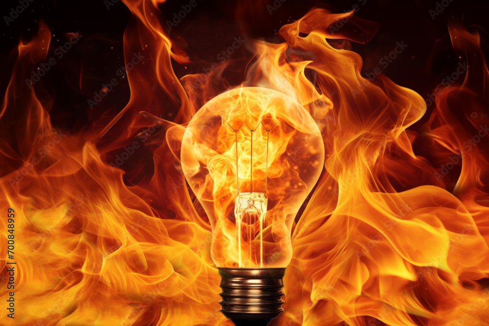 The light bulb is surrounded by flame and shines. Tips for sparking and igniting innovative ideas. Concept for energy. The light bulb is surrounded by flame and shines. Tips for sparking and igniting innovative ideas. Concept for energy.