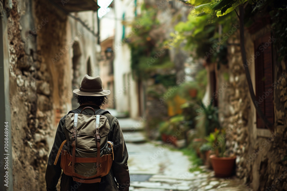 Un homme avec un sac à dos en vacances dans une petite rue colorée d'une ville étrangère. Touriste en voyage, marche, découverte, visite, backpacker. Pour conception et création graphique.