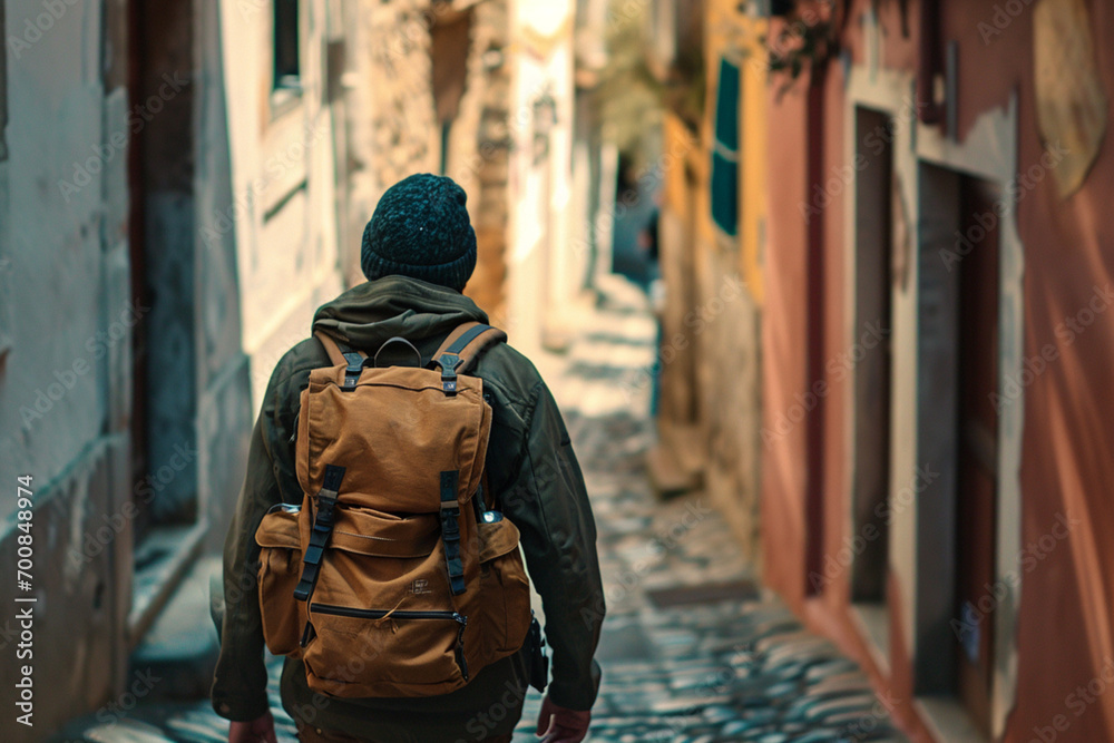 Un homme avec un sac à dos en vacances dans une petite rue colorée d'une ville étrangère. Touriste en voyage, marche, découverte, visite, backpacker. Pour conception et création graphique. - obrazy, fototapety, plakaty 