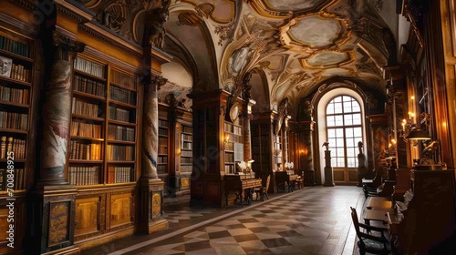 A grand library with towering bookshelves and an ornate ceiling