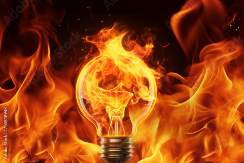 The light bulb is surrounded by flame and shines. Tips for sparking and igniting innovative ideas. Concept for energy.