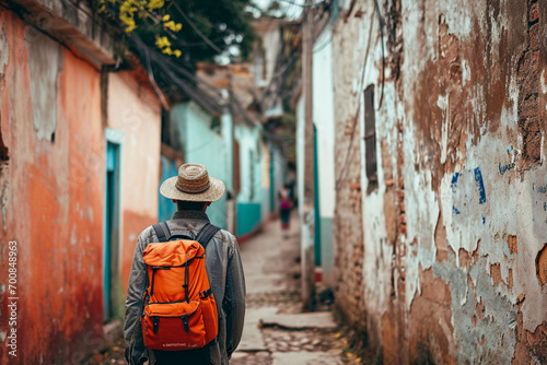 Un homme avec un sac à dos en vacances dans une petite rue colorée d'une ville étrangère. Touriste en voyage, marche, découverte, visite, backpacker. Pour conception et création graphique. photo