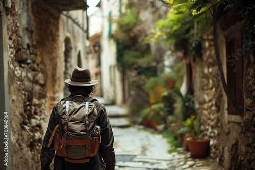 Un homme avec un sac à dos en vacances dans une petite rue colorée d'une ville étrangère. Touriste en voyage, marche, découverte, visite, backpacker. Pour conception et création graphique. © FlyStun
