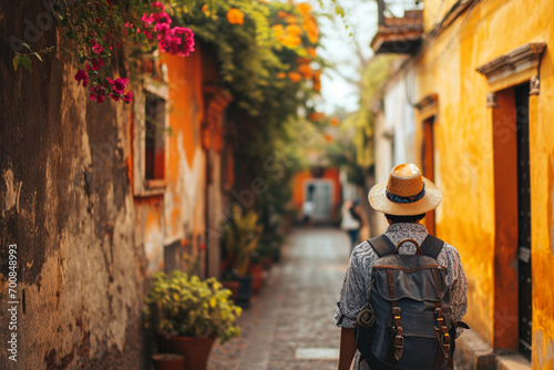 Un homme avec un sac à dos en vacances dans une petite rue colorée d'une ville étrangère. Touriste en voyage, marche, découverte, visite, backpacker. Pour conception et création graphique. photo