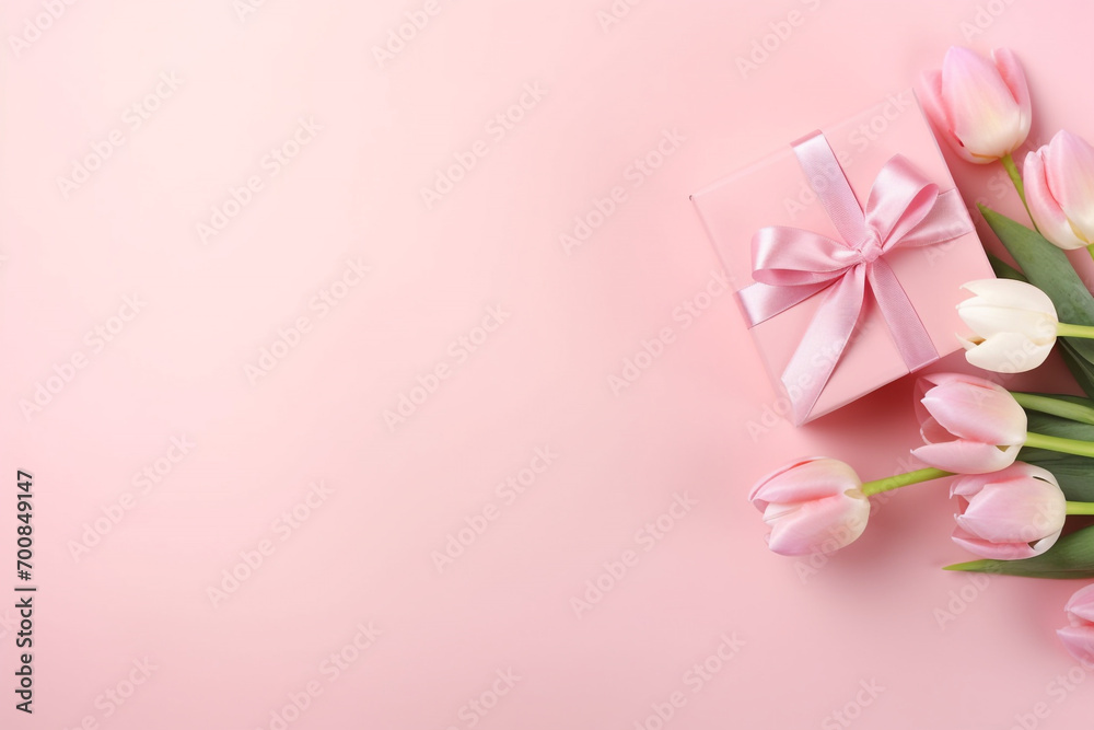 Mother's Day concept. Top view photo of stylish pink giftbox with ribbon bow and bouquet of tulips on isolated pastel pink background with copyspace