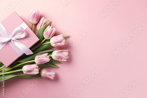 Mother s Day concept. Top view photo of stylish pink giftbox with ribbon bow and bouquet of tulips on isolated pastel pink background with copyspace