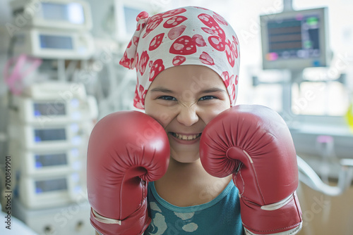 A boy in a hospital room, with a face of anger and determination, dressed in red boxing gloves and a headscarf, ready to defend herself against cancer and any disease challenge. © SnapVault