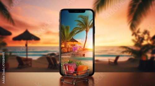 Sunset Serenade  Vibrant Tropical Online Shopping - Captivating Smartphone Interface with a Mesmerizing Sunset Background