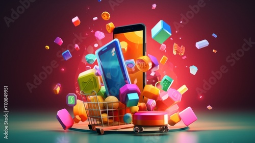 Digital Shopping Extravaganza: Explore the Vibrant World of Online Deals with our Colorful Shopping App Interface on a 3D Smartphone!