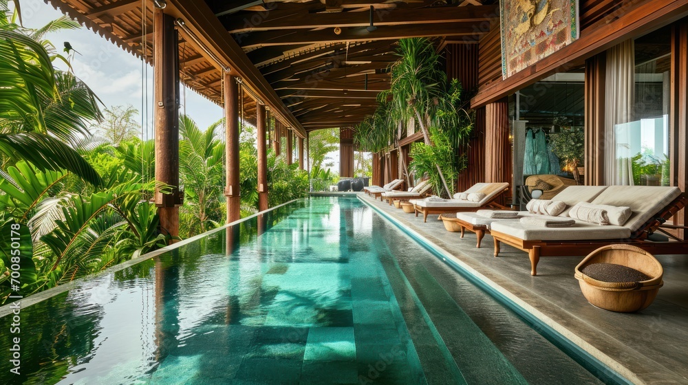 A luxurious spa retreat in a tropical setting with wellness activities