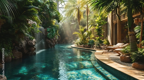 A luxurious spa retreat in a tropical setting with waterfalls and palm trees