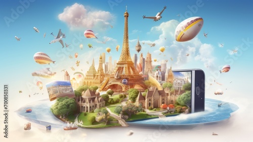 Jetset Dreams: Explore the World with Our Travel Booking App - A Whimsical Smartphone Illustration with Airplanes Soaring to Famous Landmarks photo