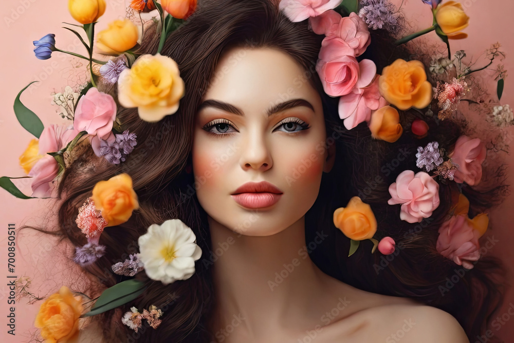 Spring blooms on woman's face Celebrating women's day, self love, and positive mental health. Ideal for empowering visuals. Spring blooms on woman's face Celebrating women's day, self love, and positive mental health. Ideal for empowering visuals.