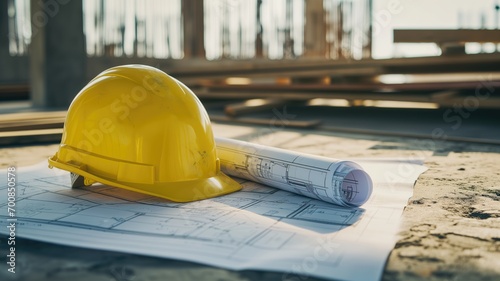 Yellow safety helmet on architectural blueprints at a construction site