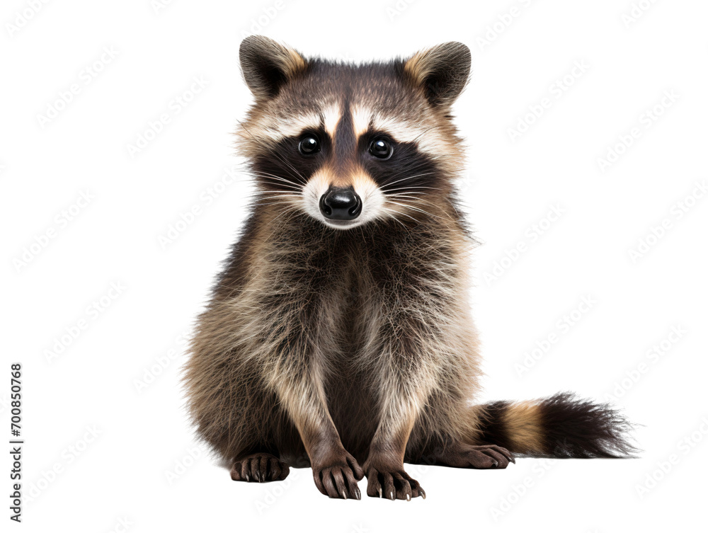 Portrait of a raccoon sitting isolated on white, transparent background