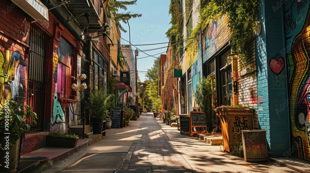 Fototapeta premium A vibrant art district with galleries, studios, and street performers