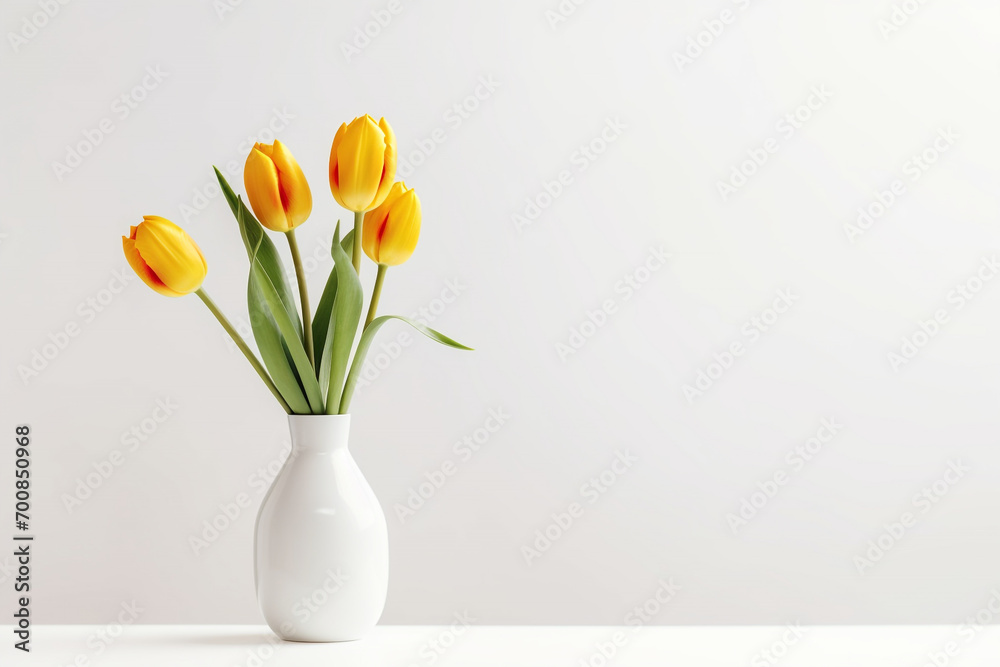 minimalistic flower composition. yellow tulip in a vase on a white background, space for a text