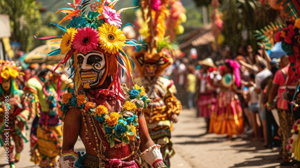 A vibrant parade with colorful floats, costumes, and joyful participants