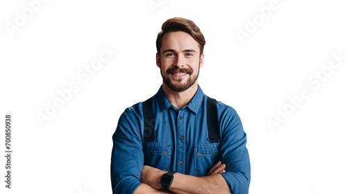 Portrait of a handsome mechanic man, crossed arms posing isolated on white background © The Stock Guy