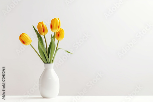 minimalistic flower composition. yellow tulip in a vase on a white background, space for a text