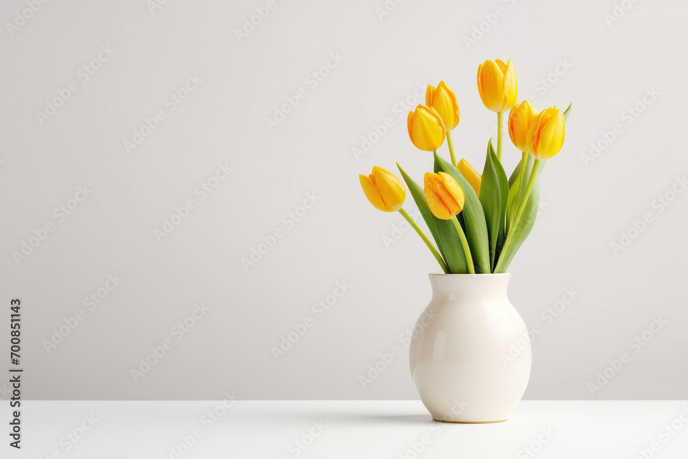 minimalistic flower composition. yellow tulip in a vase on a white background, space for a text - obrazy, fototapety, plakaty 