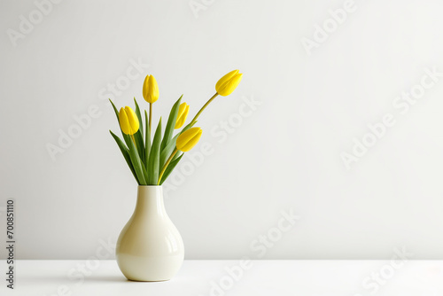 minimalistic flower composition. yellow tulip in a vase on a white background, space for a text