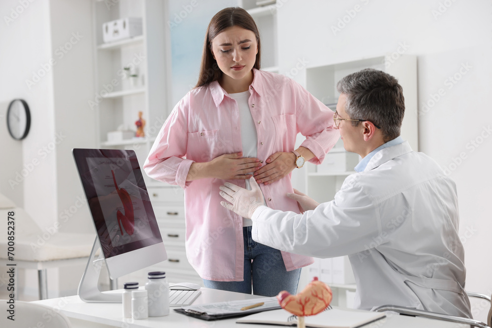 Fototapeta premium Gastroenterologist examining patient with stomach pain in clinic