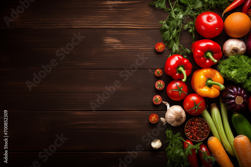 Various kitchen ingredients vegetables on dark background, health eating concept, food flat lay, for website, banners and marketing materials and copy space