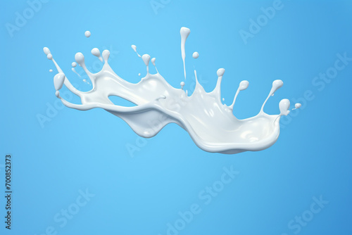 Milk glass with falling drops and splash on blue background