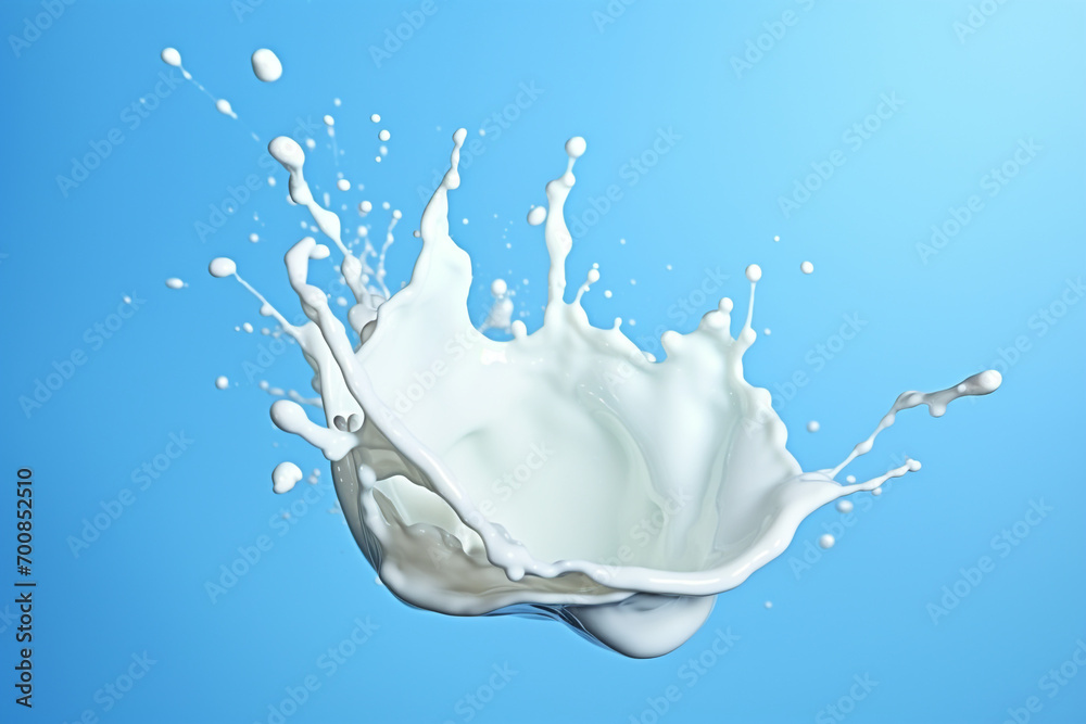 Milk glass with falling drops and splash on blue background Milk glass with falling drops and splash on blue background