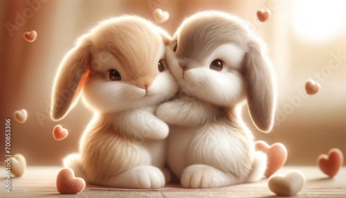 Two cute rabbits cuddling together - Generative AI photo