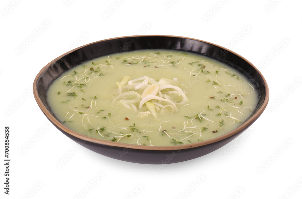 Bowl of delicious leek soup isolated on white Bowl of delicious leek soup isolated on white