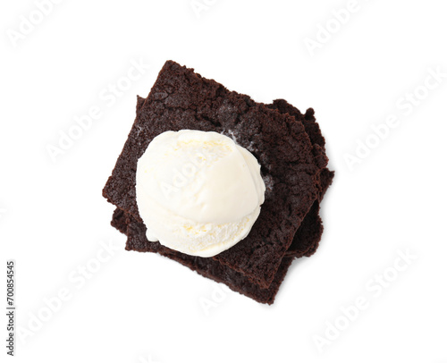 Tasty brownies with ice cream isolated on white, top view