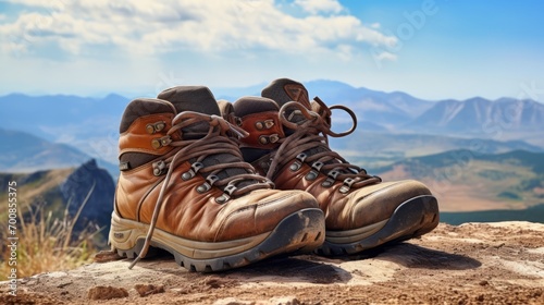 Adventure Awaits: Journey into the Majestic Wilderness with These Trusty Hiking Boots and a Breathtaking Mountain Vista © ASoullife