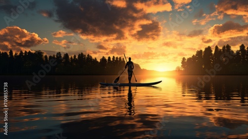 Sunrise Serenity: Captivating Silhouette of a Paddleboarder Embracing Tranquility on a Reflective Lake photo