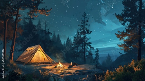 Cozy campsite in the woods with a tent, campfire, and starry night sky