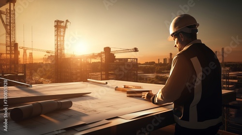 Golden Hour Vision: Inspiring Engineer Embraces Construction Site's Potential at Sunset